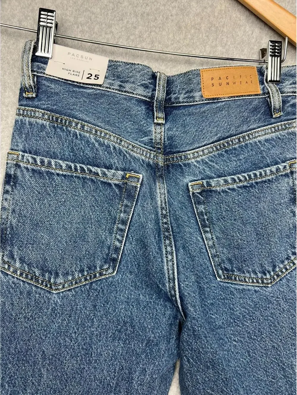 PacSun Frayed Stripe High Waisted Flare Jeans 25 Blue White Boho Retro Y2K Eco